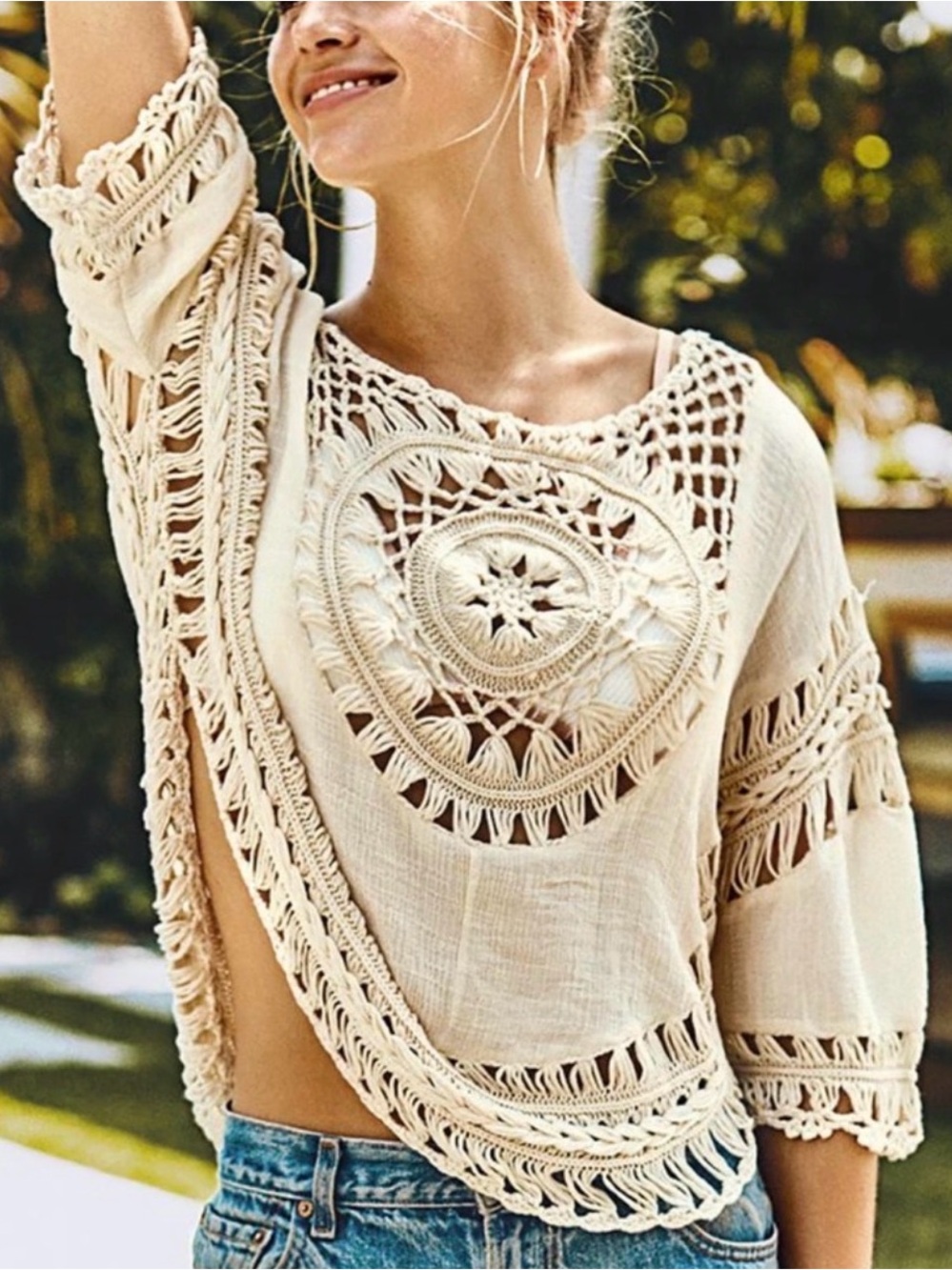 Cupshe Boho Ivory Crochet Round Trim beach top cover up New with Tags